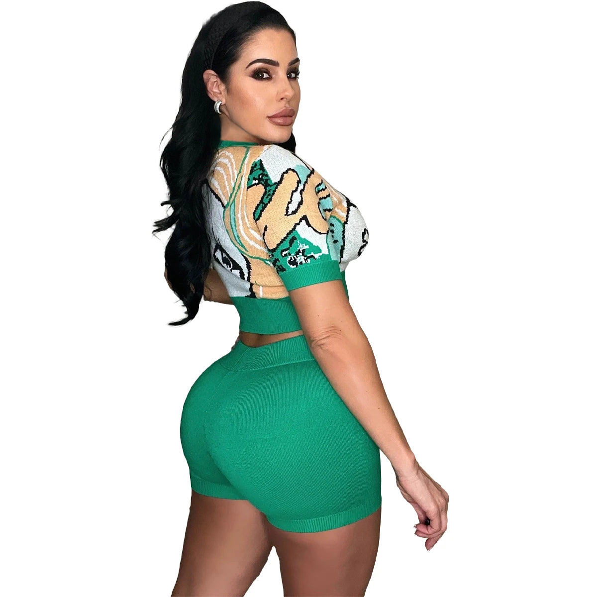 Women Clothing 2023 Summer Print V Neck Sportswear Short Set