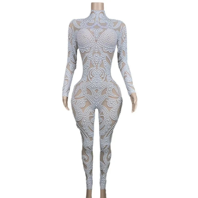 Body Shaping Slim and Sexy Show Jumpsuit Rhinestone Mesh Jumpsuit