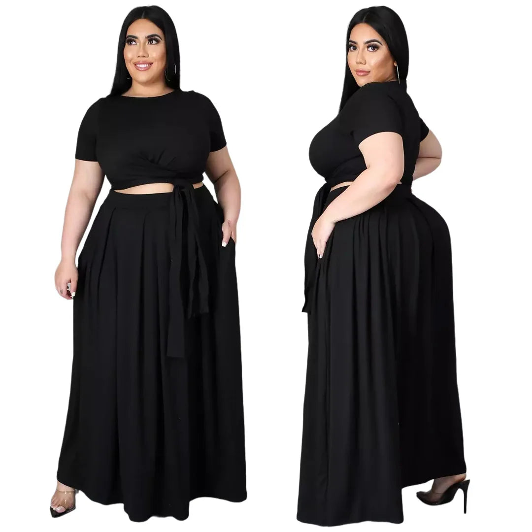 Size 5XL Two Piece Set Women Clothes Solid Short Sleeve Crop Top and Long Skirts