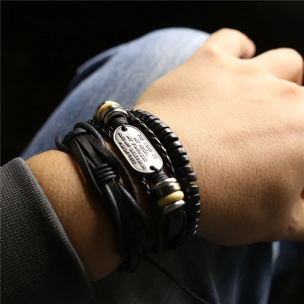 3 Pcs/Set Leather Bracelets Men Bangles For Women Wood Beads Feather TRUST IN GOD Cross Charm Homme Gift Jewelry Freely Shipping
