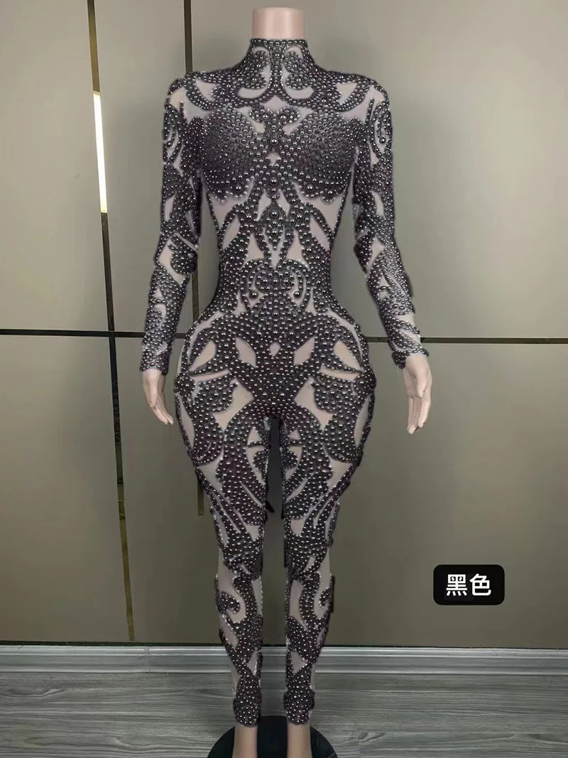 Body Shaping Slim and Sexy Show Jumpsuit Rhinestone Mesh Jumpsuit