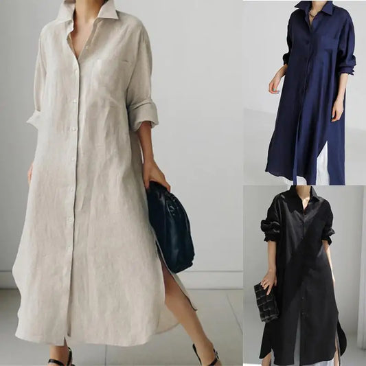JAC22 M4272 New Cotton Linen Chiffon Loose Asymmetrical Bottoming Shirt Cardigan Solid Long Casual Dress