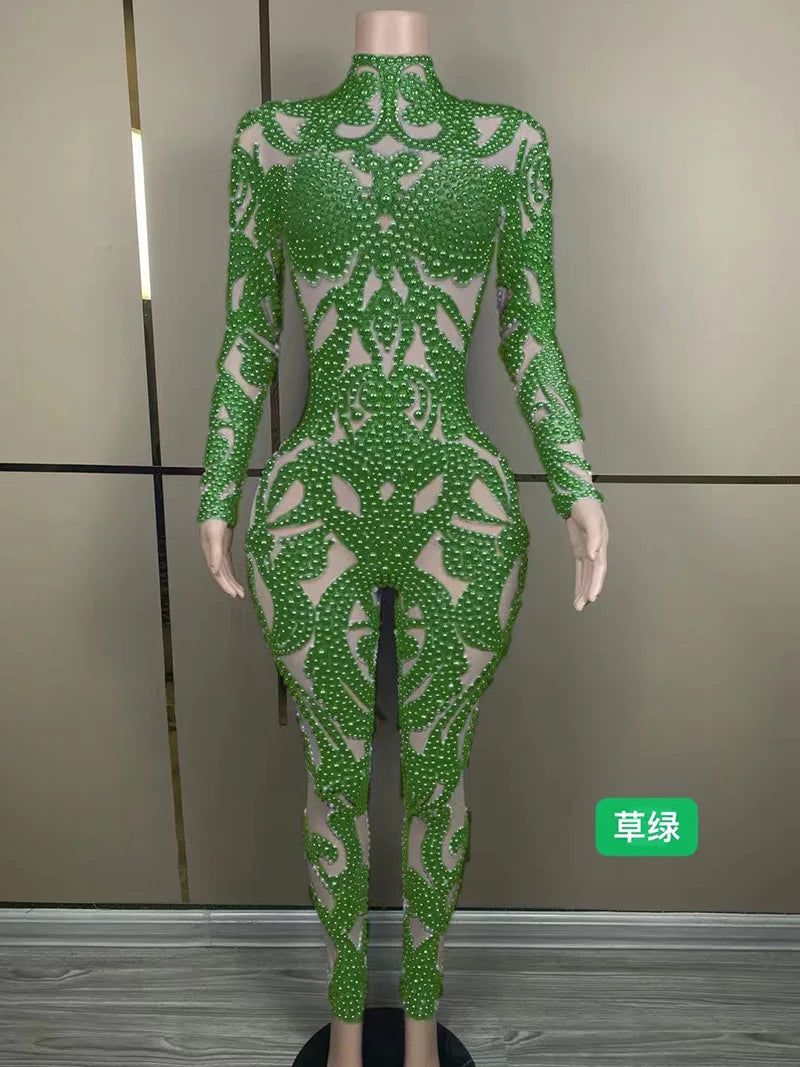 Body Shaping Slim and Sexy Show Jumpsuit Rhinestone Mesh Jumpsuit