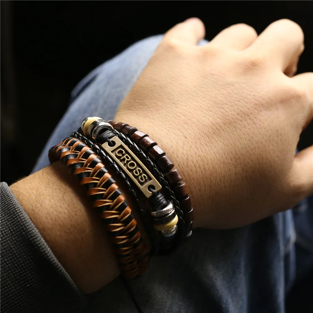 3 Pcs/Set Leather Bracelets Men Bangles For Women Wood Beads Feather TRUST IN GOD Cross Charm Homme Gift Jewelry Freely Shipping