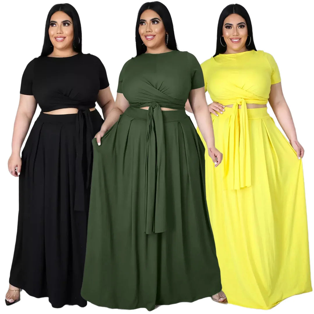Size 5XL Two Piece Set Women Clothes Solid Short Sleeve Crop Top and Long Skirts