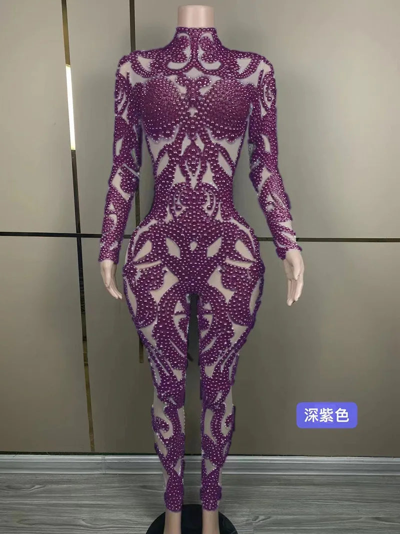 Body Shaping Slim and Sexy Show Jumpsuit Rhinestone Mesh Jumpsuit