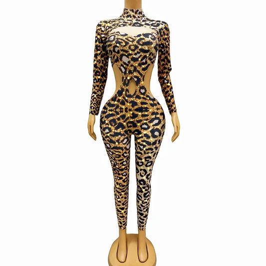 Elegant Slim-Fit Turtleneck Long Jumpsuit Party Dress Rhinestone Mesh Jumpsuit