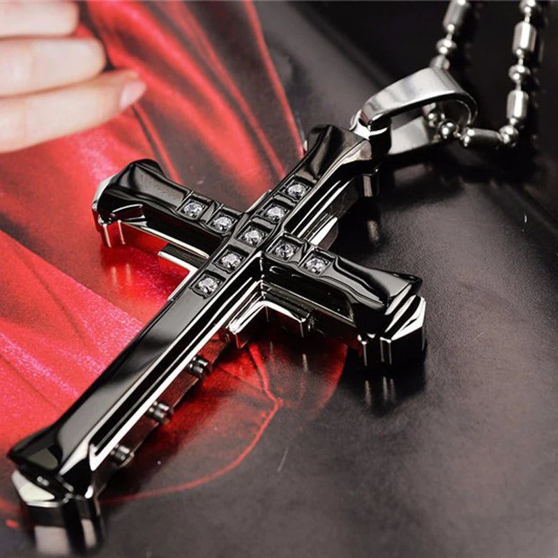 SUMENG 2025 New Male Crystal Cross Jesus Pendant Gold/Black/Blue Color Zirconia Necklace Stainless Steel Jewelry