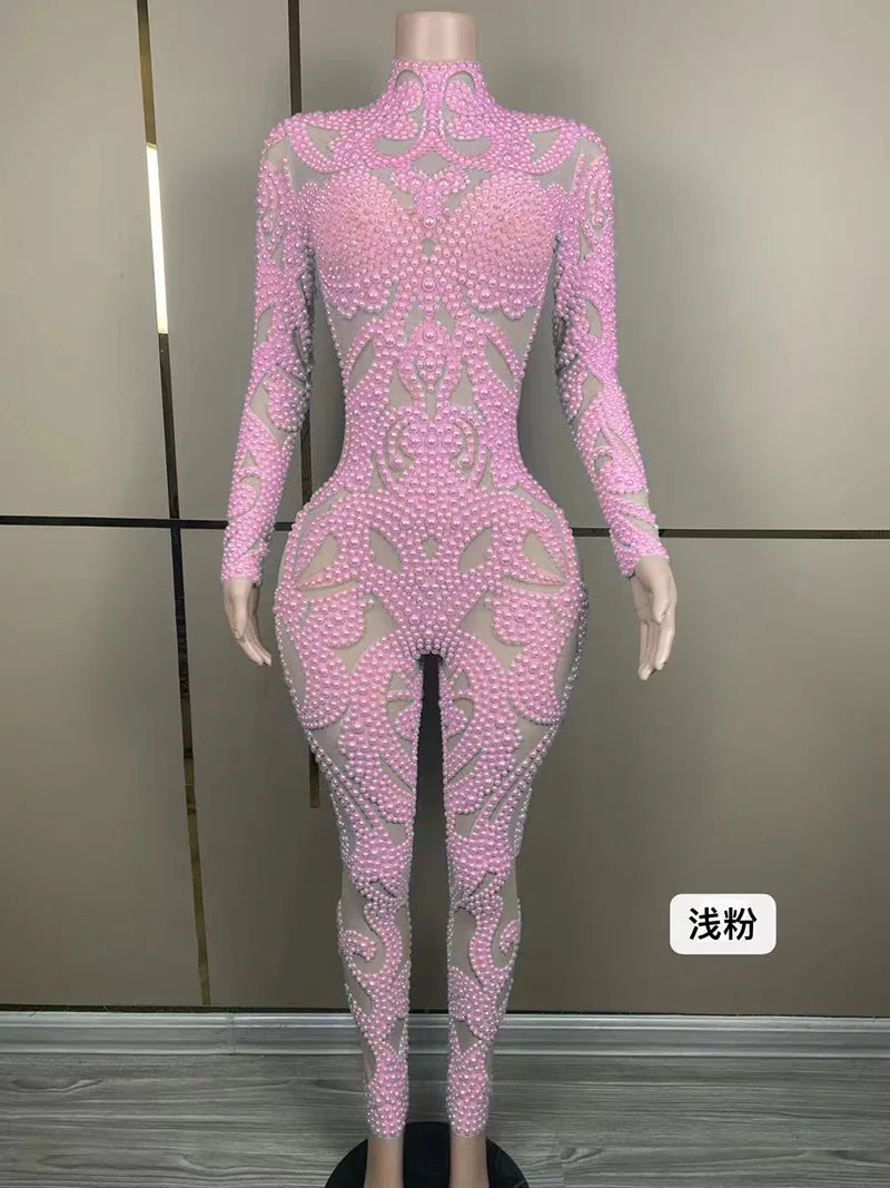 Body Shaping Slim and Sexy Show Jumpsuit Rhinestone Mesh Jumpsuit