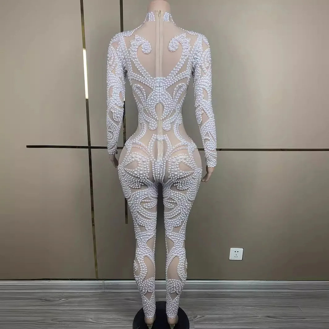 Body Shaping Slim and Sexy Show Jumpsuit Rhinestone Mesh Jumpsuit