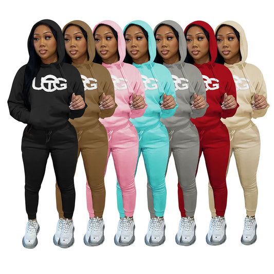 D88140 Custom Tracksuits for Women Embroidered Plush Winter Sweater Hooded Two Piece Set Women Clothing Ladies Jogging Suits