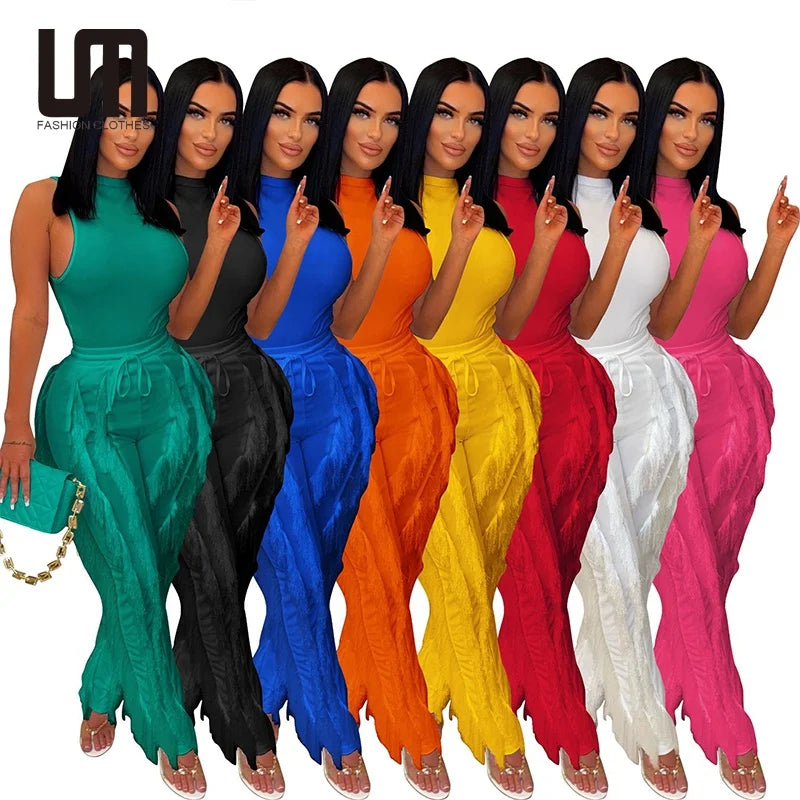 Liu Ming Hot Selling Women Sleeveless 2 Piece Outfits Casual Vest Tassel Fringe Drawstring Trousers Set