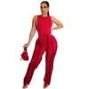 Liu Ming Hot Selling Women Sleeveless 2 Piece Outfits Casual Vest Tassel Fringe Drawstring Trousers Set
