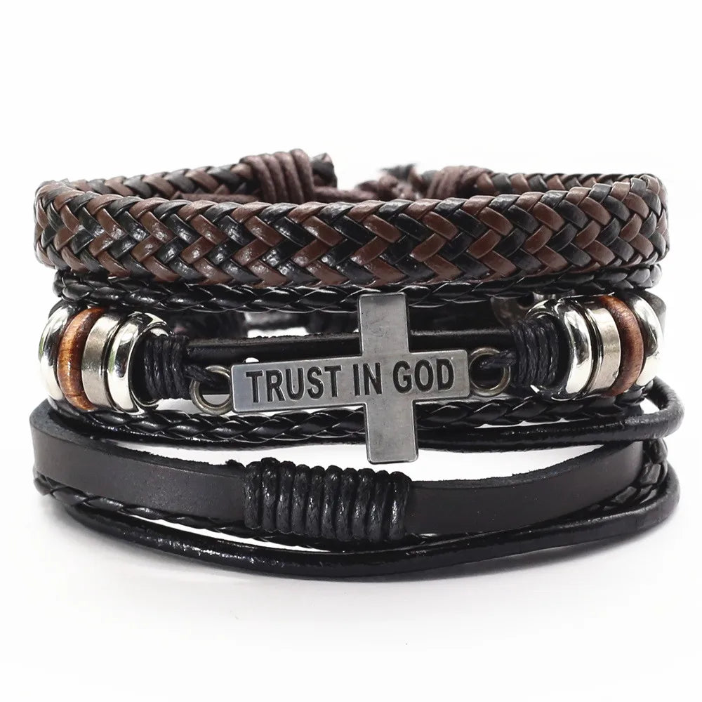 3 Pcs/Set Leather Bracelets Men Bangles For Women Wood Beads Feather TRUST IN GOD Cross Charm Homme Gift Jewelry Freely Shipping