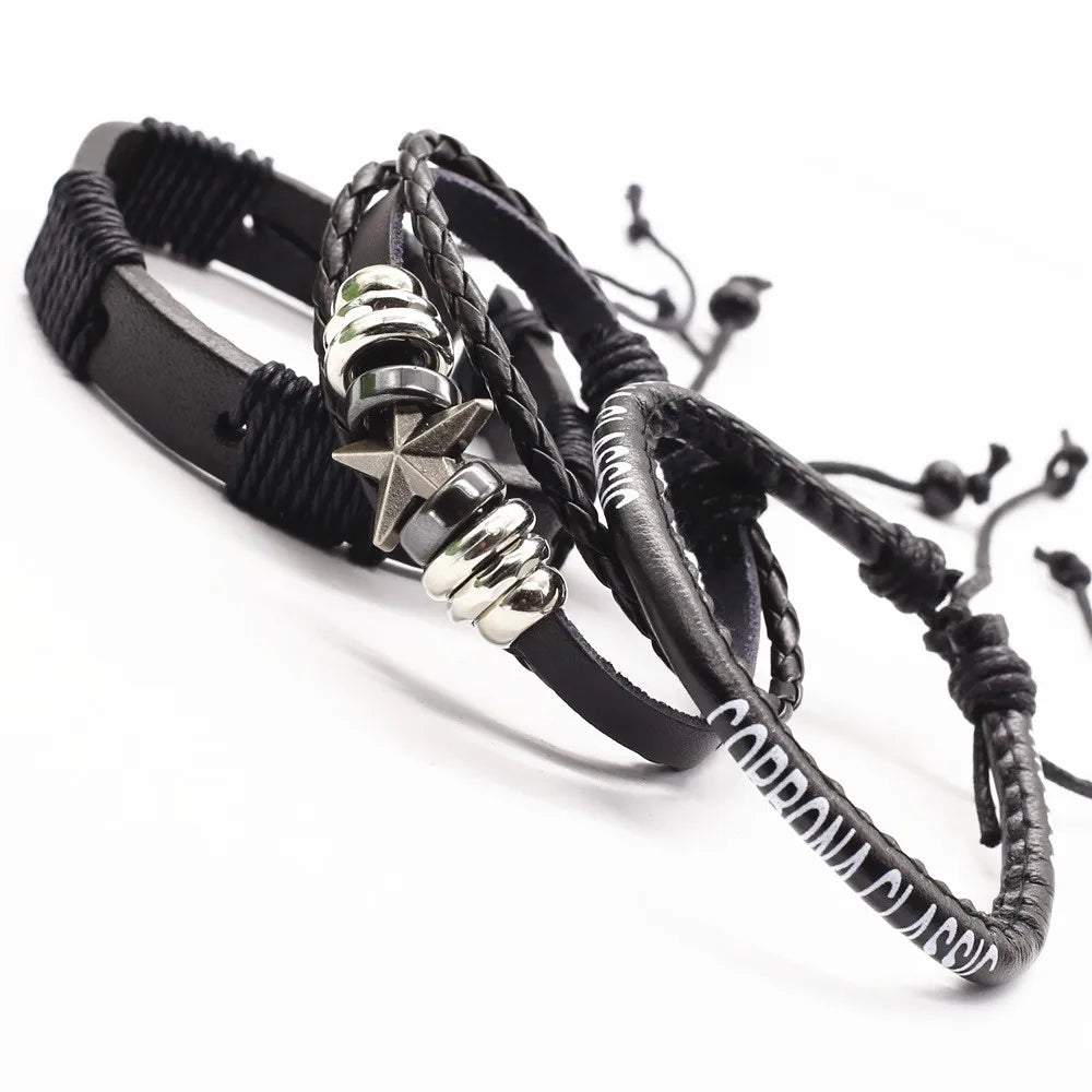 3 Pcs/Set Leather Bracelets Men Bangles For Women Wood Beads Feather TRUST IN GOD Cross Charm Homme Gift Jewelry Freely Shipping