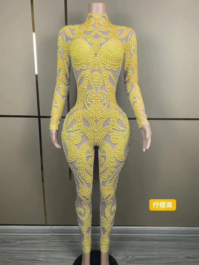 Body Shaping Slim and Sexy Show Jumpsuit Rhinestone Mesh Jumpsuit