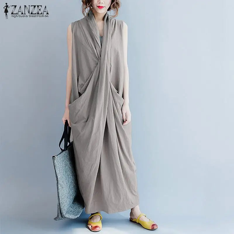 ZANZEA Oversize Asymmetrical Maxi Dress Summer 2025 Women's Sundress Female V Neck Vestidos Female Baggy Party Dress Robe Femme