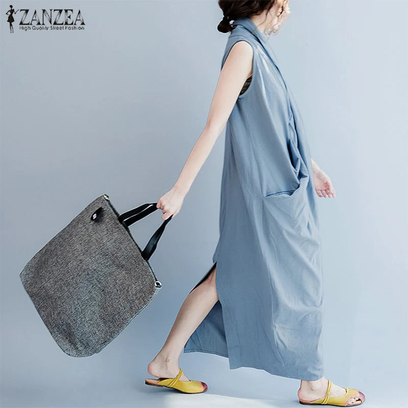 ZANZEA Oversize Asymmetrical Maxi Dress Summer 2025 Women's Sundress Female V Neck Vestidos Female Baggy Party Dress Robe Femme