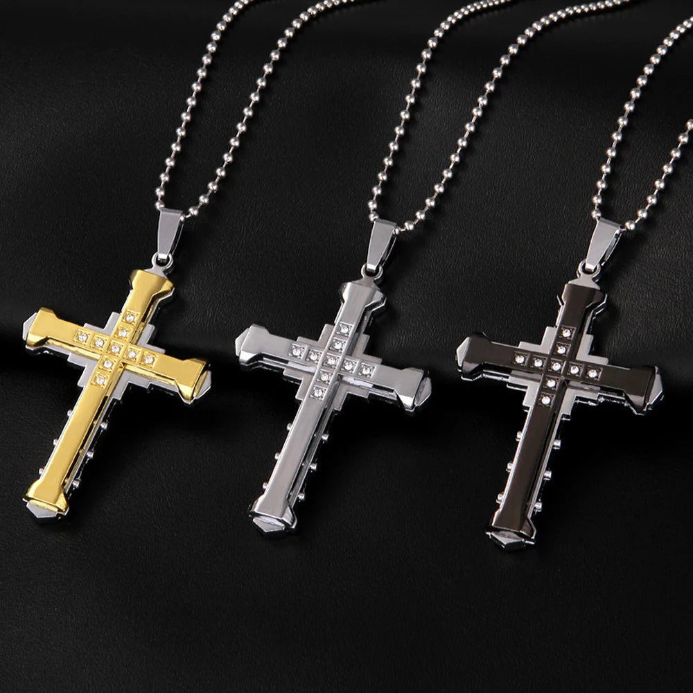 SUMENG 2025 New Male Crystal Cross Jesus Pendant Gold/Black/Blue Color Zirconia Necklace Stainless Steel Jewelry