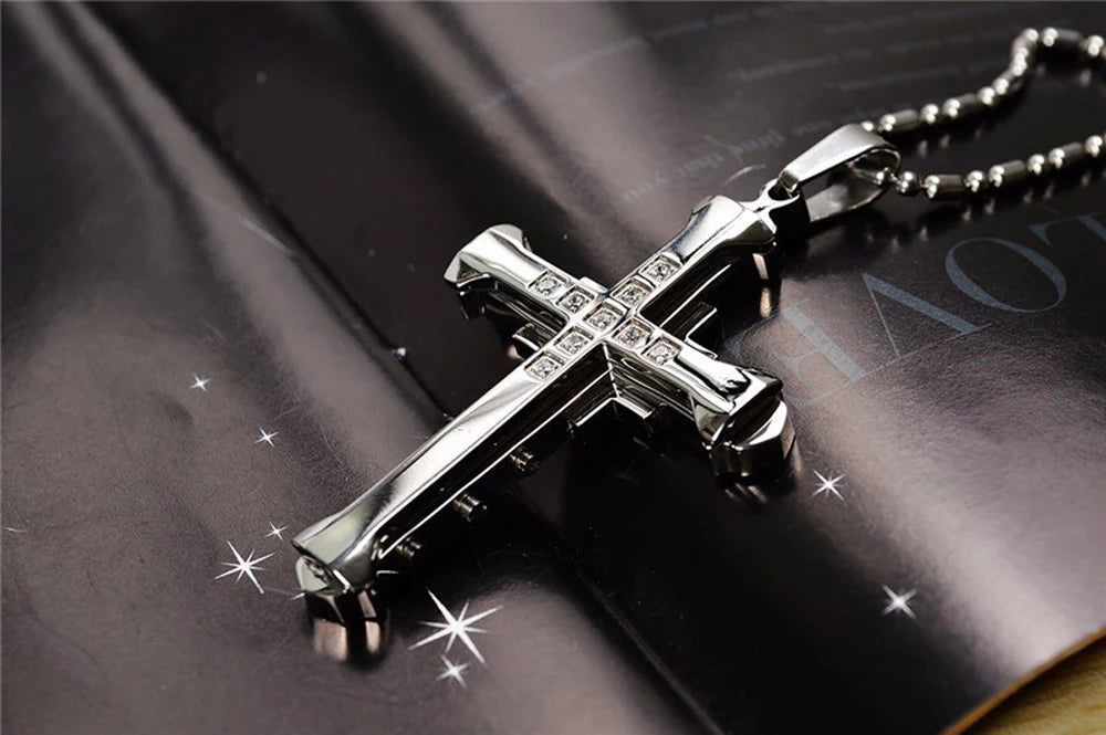 SUMENG 2025 New Male Crystal Cross Jesus Pendant Gold/Black/Blue Color Zirconia Necklace Stainless Steel Jewelry