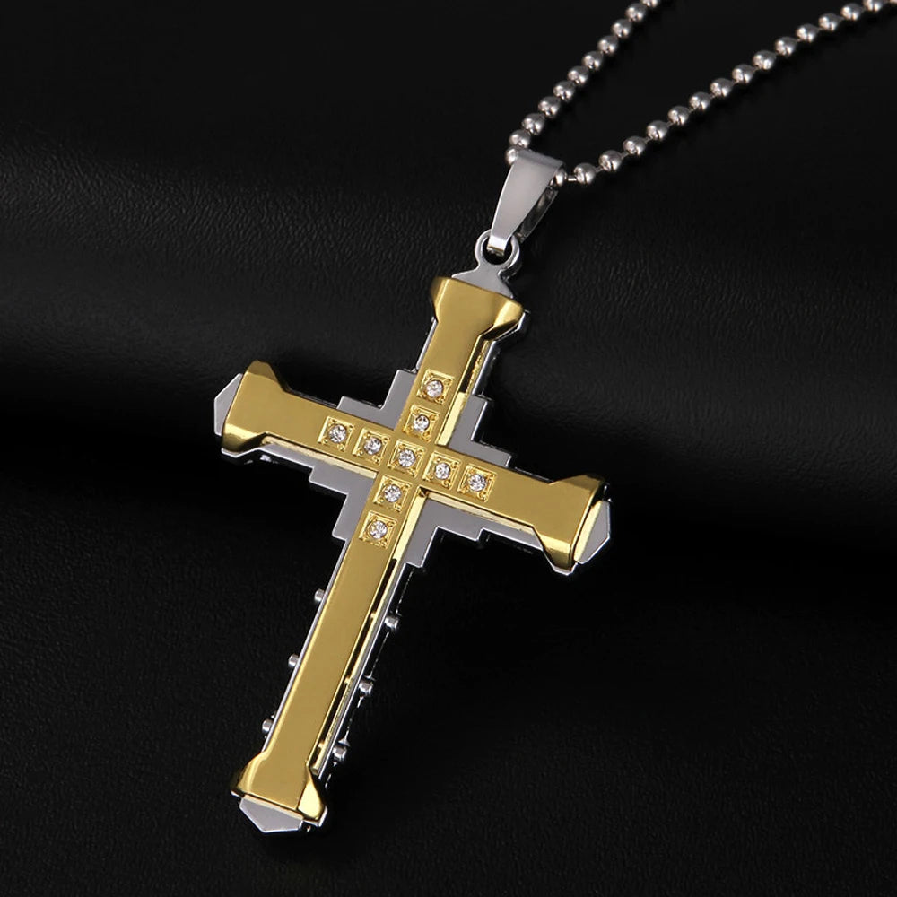 SUMENG 2025 New Male Crystal Cross Jesus Pendant Gold/Black/Blue Color Zirconia Necklace Stainless Steel Jewelry