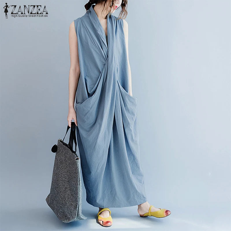 ZANZEA Oversize Asymmetrical Maxi Dress Summer 2025 Women's Sundress Female V Neck Vestidos Female Baggy Party Dress Robe Femme
