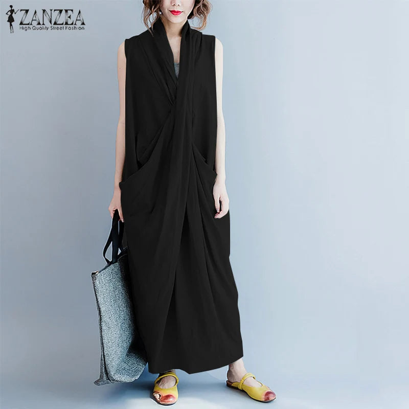 ZANZEA Oversize Asymmetrical Maxi Dress Summer 2025 Women's Sundress Female V Neck Vestidos Female Baggy Party Dress Robe Femme