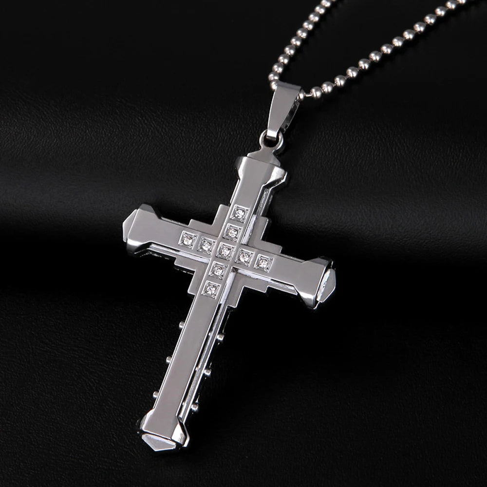 SUMENG 2025 New Male Crystal Cross Jesus Pendant Gold/Black/Blue Color Zirconia Necklace Stainless Steel Jewelry