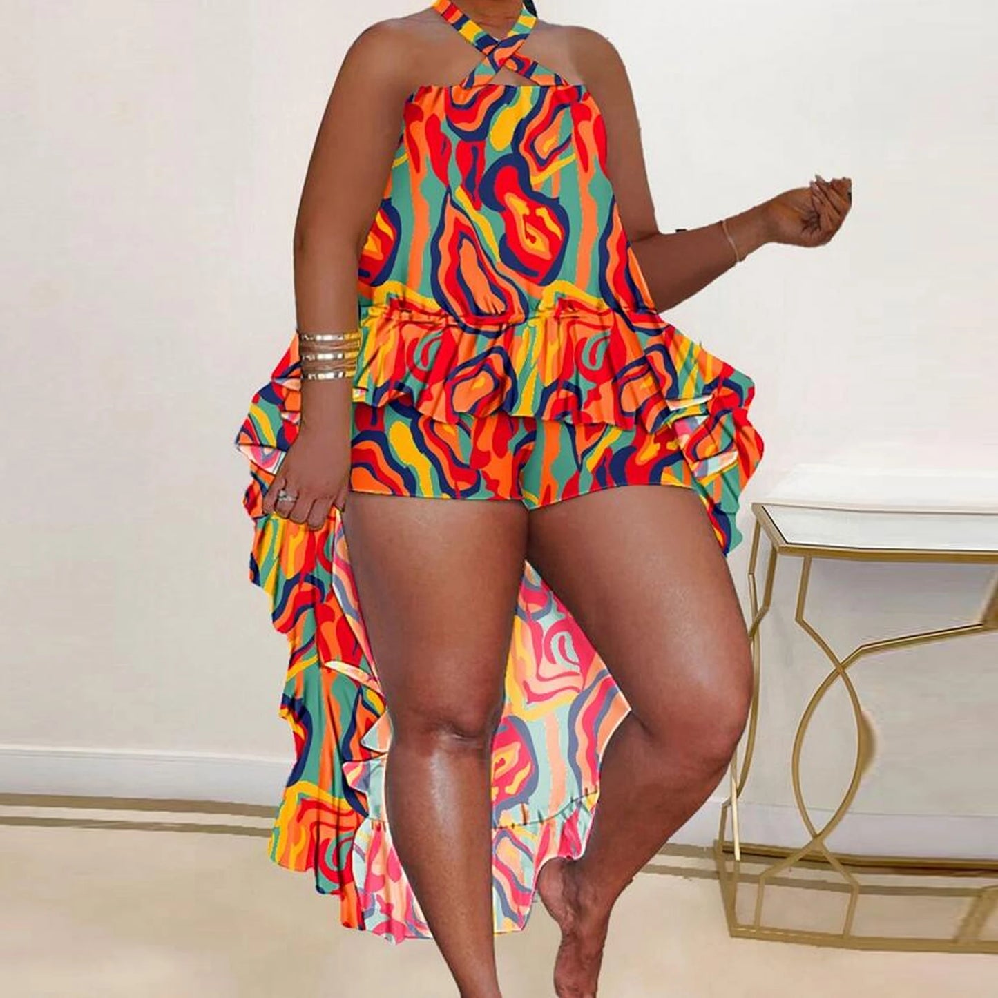 Nightclub Clothes Sexy Halter Print Irregular Two Pieces Plus Size Two Piece Set Women Clothing