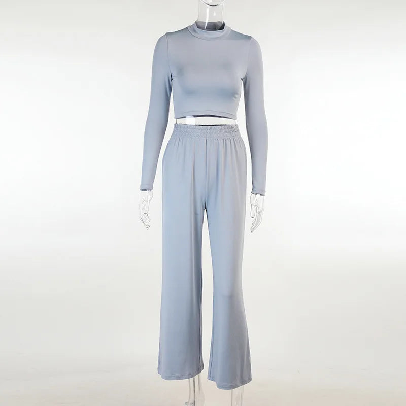 Custom Women Clothing Casual Fashion Pajama Suits Plain Women 2-pieces Set Long Sleeves Crop Top Wide Leg Pants Set 2 Piece Sets