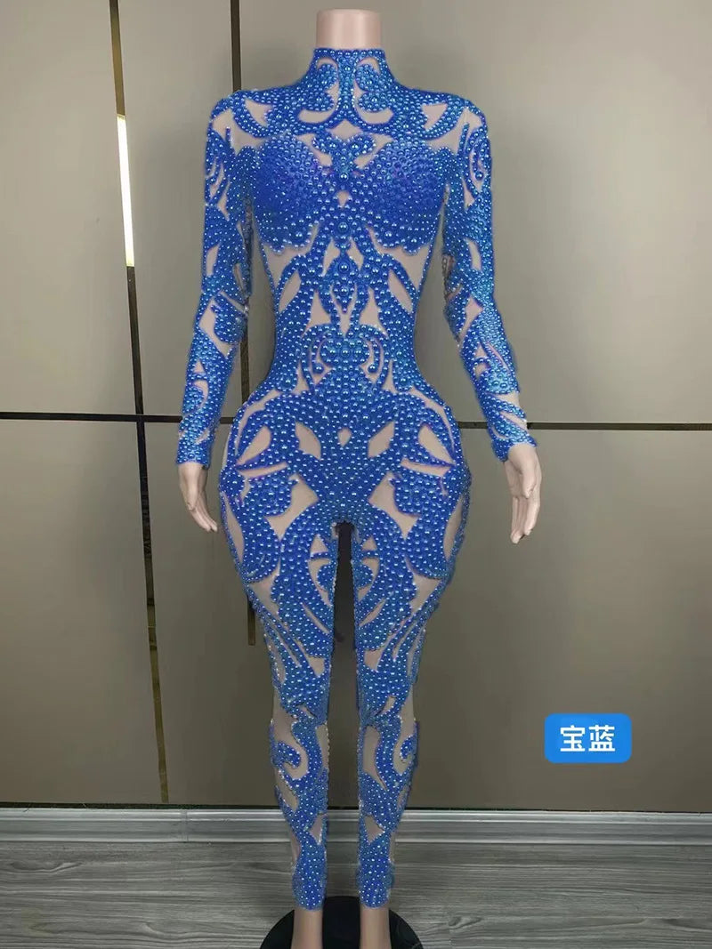 Body Shaping Slim and Sexy Show Jumpsuit Rhinestone Mesh Jumpsuit
