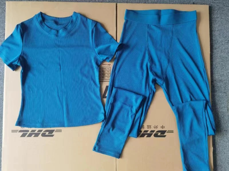 Bulk Wholesale Ribbed Short Sleeves T-shirt and Skinny Pants Legging 2 Two Pieces Loungewear Women Sets Ropa De Mujer Clothing