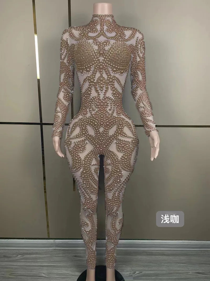 Body Shaping Slim and Sexy Show Jumpsuit Rhinestone Mesh Jumpsuit