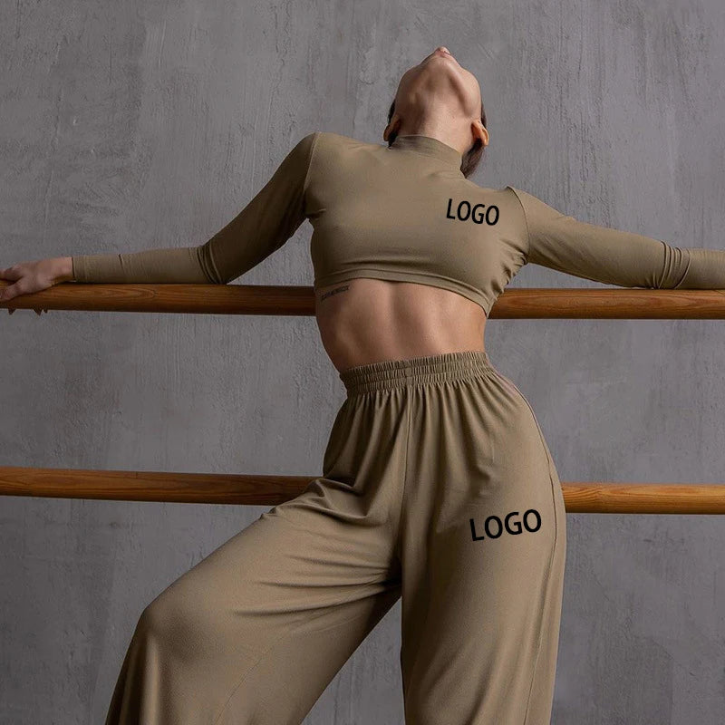 Custom Women Clothing Casual Fashion Pajama Suits Plain Women 2-pieces Set Long Sleeves Crop Top Wide Leg Pants Set 2 Piece Sets