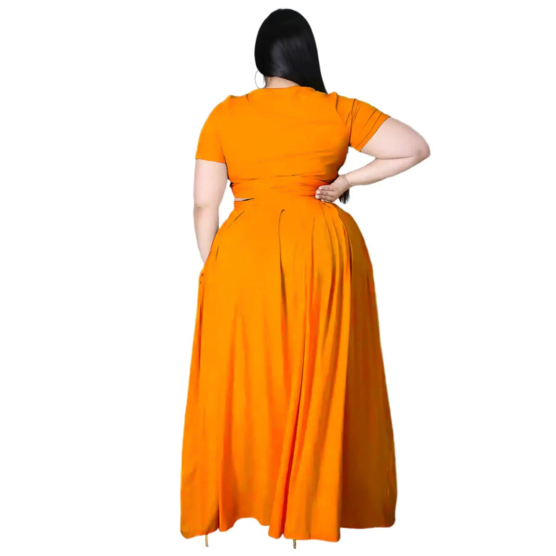 Size 5XL Two Piece Set Women Clothes Solid Short Sleeve Crop Top and Long Skirts
