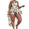Nightclub Clothes Sexy Halter Print Irregular Two Pieces Plus Size Two Piece Set Women Clothing
