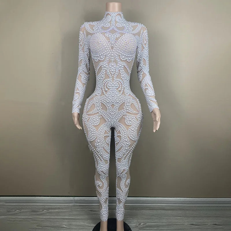 Body Shaping Slim and Sexy Show Jumpsuit Rhinestone Mesh Jumpsuit