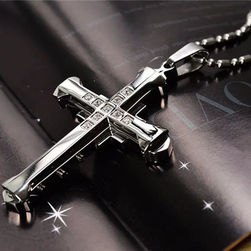 SUMENG 2025 New Male Crystal Cross Jesus Pendant Gold/Black/Blue Color Zirconia Necklace Stainless Steel Jewelry