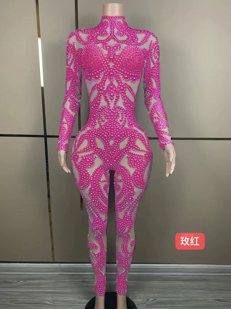 Body Shaping Slim and Sexy Show Jumpsuit Rhinestone Mesh Jumpsuit