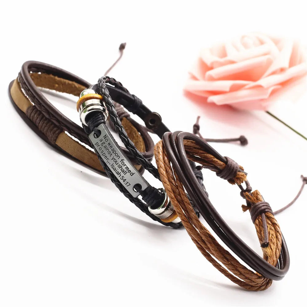 3 Pcs/Set Leather Bracelets Men Bangles For Women Wood Beads Feather TRUST IN GOD Cross Charm Homme Gift Jewelry Freely Shipping