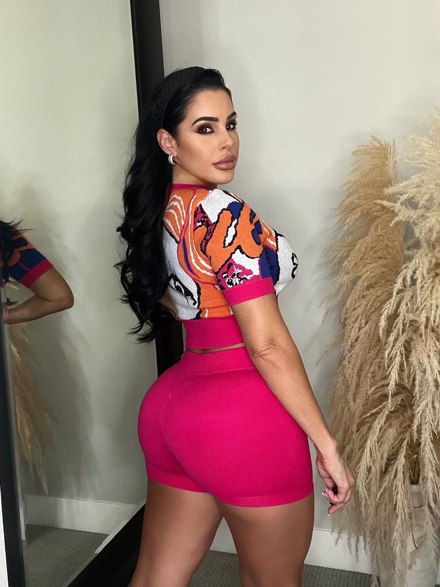 Women Clothing 2023 Summer Print V Neck Sportswear Short Set