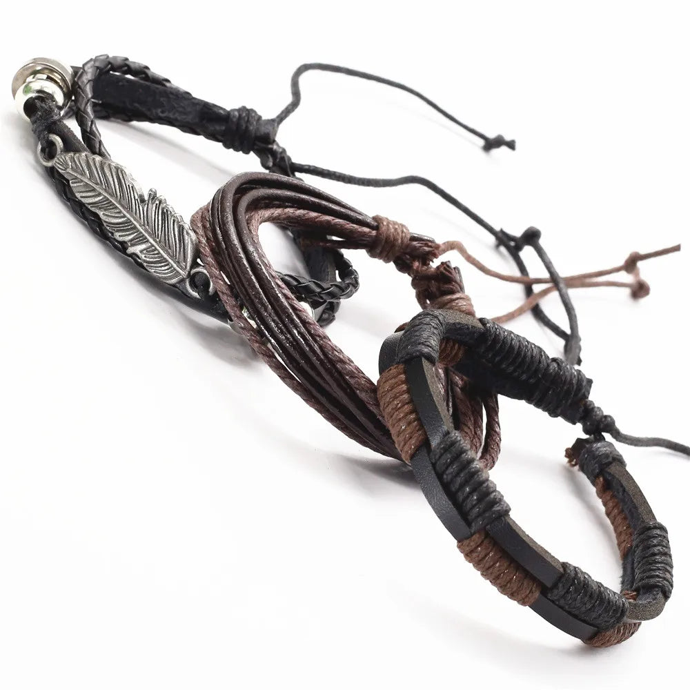 3 Pcs/Set Leather Bracelets Men Bangles For Women Wood Beads Feather TRUST IN GOD Cross Charm Homme Gift Jewelry Freely Shipping