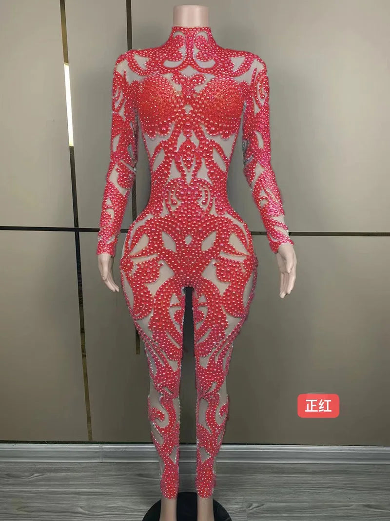 Body Shaping Slim and Sexy Show Jumpsuit Rhinestone Mesh Jumpsuit