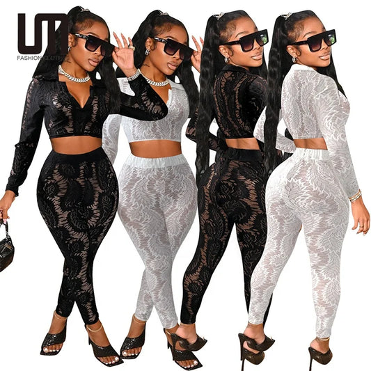 Liu Ming Bulk Items Wholesale Dropshipping 2 Piece Sets Lace Long Sleeve Pants Sports Women Outfits