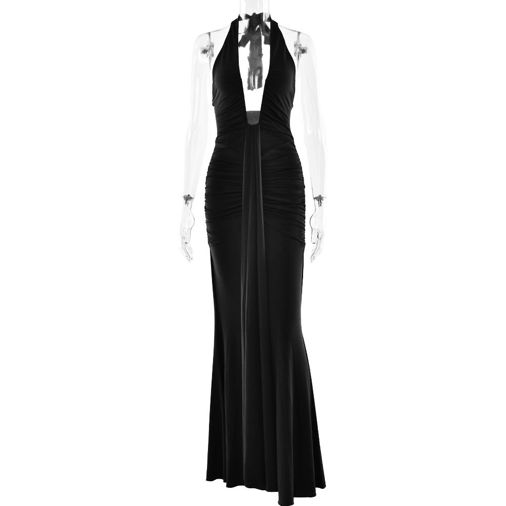 CM.YAYA Women Halter V-neck Stacked Backless Bodycon Midi Maxi Long Dress