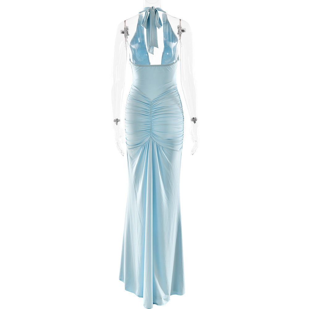 CM.YAYA Women Halter V-neck Stacked Backless Bodycon Midi Maxi Long Dress