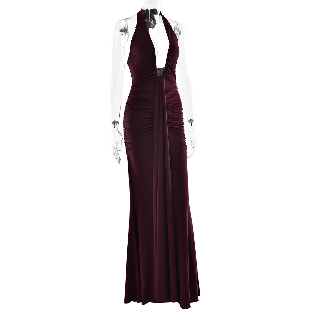 CM.YAYA Women Halter V-neck Stacked Backless Bodycon Midi Maxi Long Dress