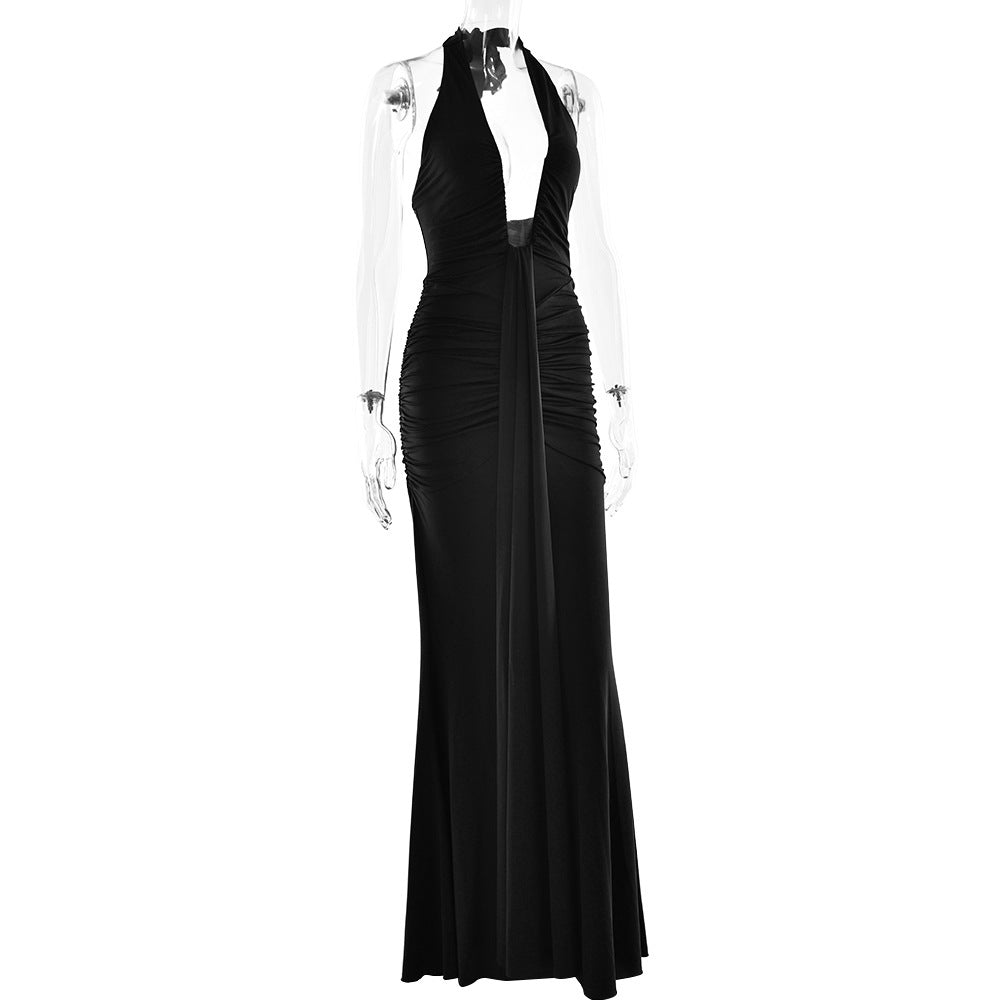CM.YAYA Women Halter V-neck Stacked Backless Bodycon Midi Maxi Long Dress