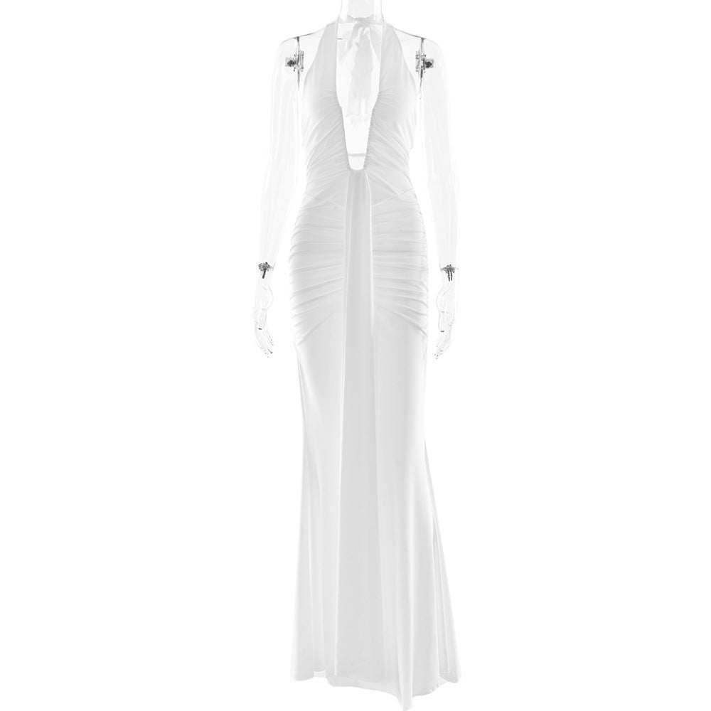 CM.YAYA Women Halter V-neck Stacked Backless Bodycon Midi Maxi Long Dress