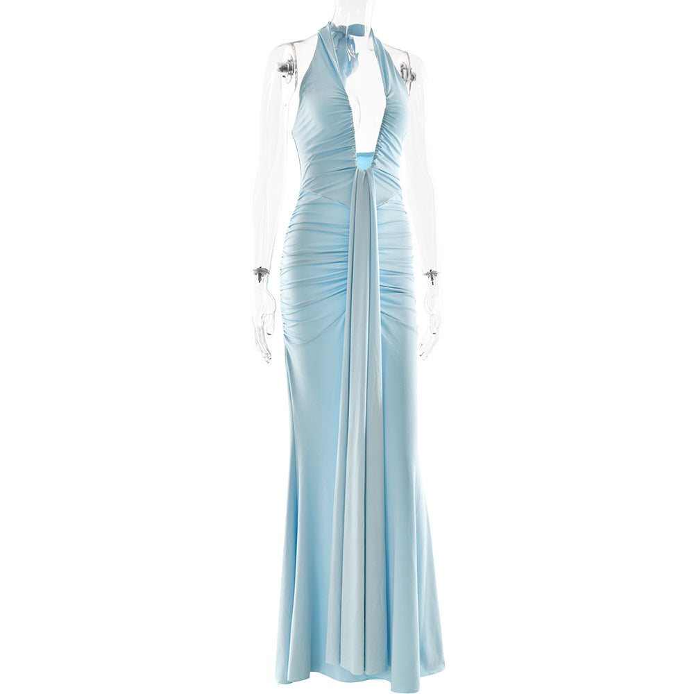 CM.YAYA Women Halter V-neck Stacked Backless Bodycon Midi Maxi Long Dress